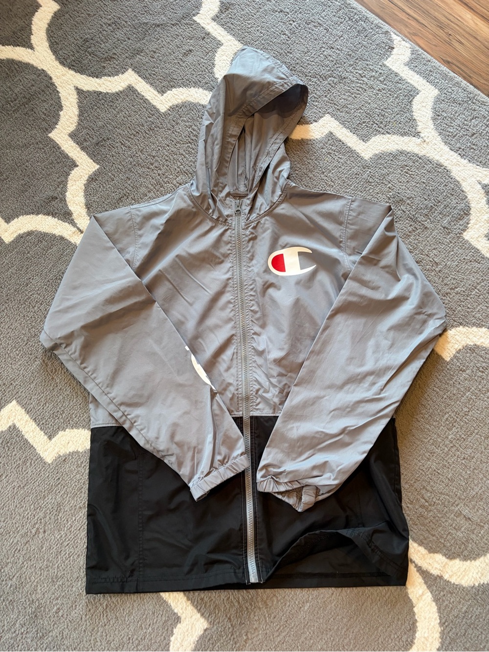 Champion Kids' Grey and Black Hooded Rain Jacket with Logo Accent
